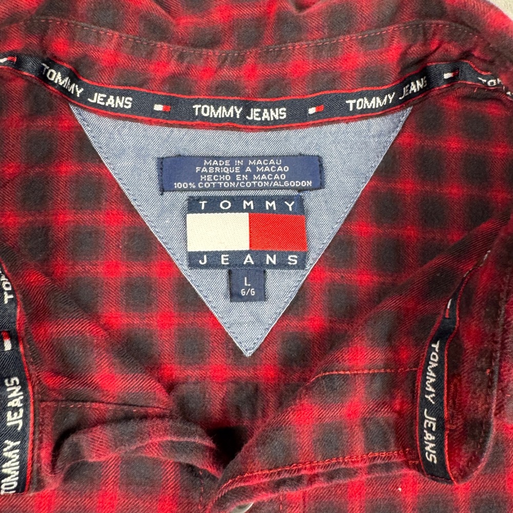 VTG Y2K Tommy Jeans Mens Red‎ Black Plaid Flannel Shirt Large 186795 7/01 Cotton - Picture 3 of 10